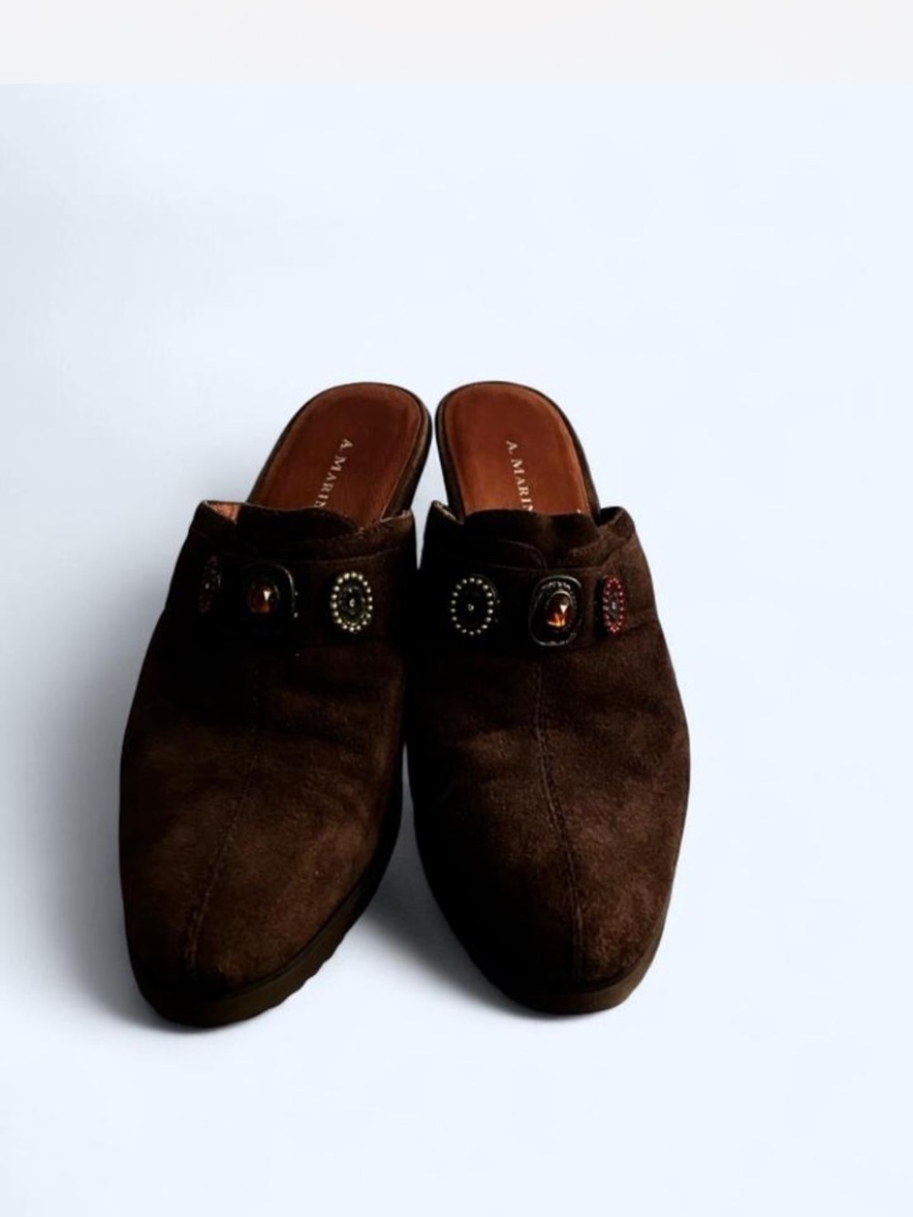 A. Marinelli Dark Brown Suede Stud-Embellished Mules